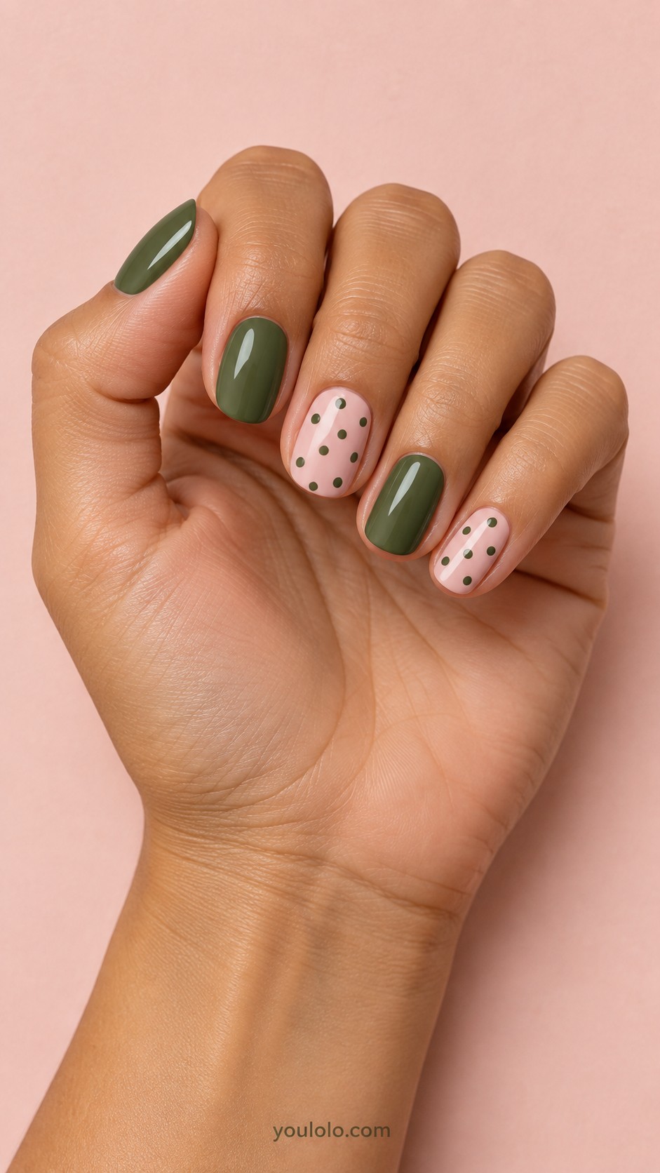 October Nails — Olive and Blush Polka Dots