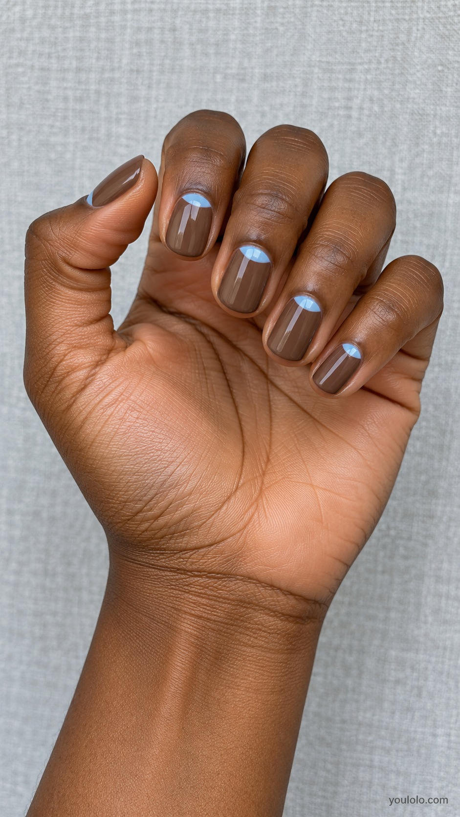Mocha with Blue Half Moons — short oval mocha brown cream nails small powder blue half moons near cuticle