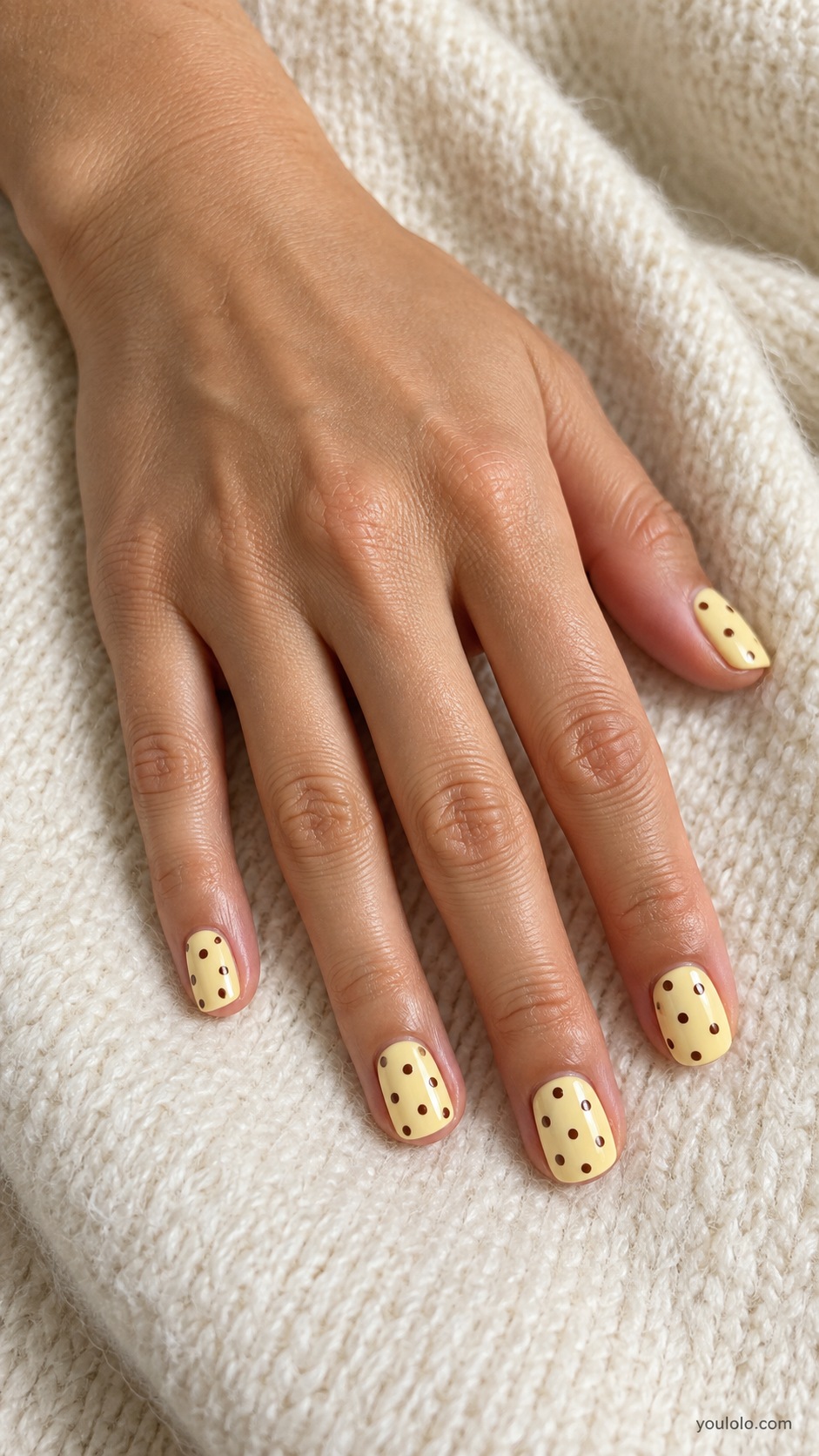 Butter Yellow Cocoa Dots — short squoval butter yellow base small cocoa brown polka dots