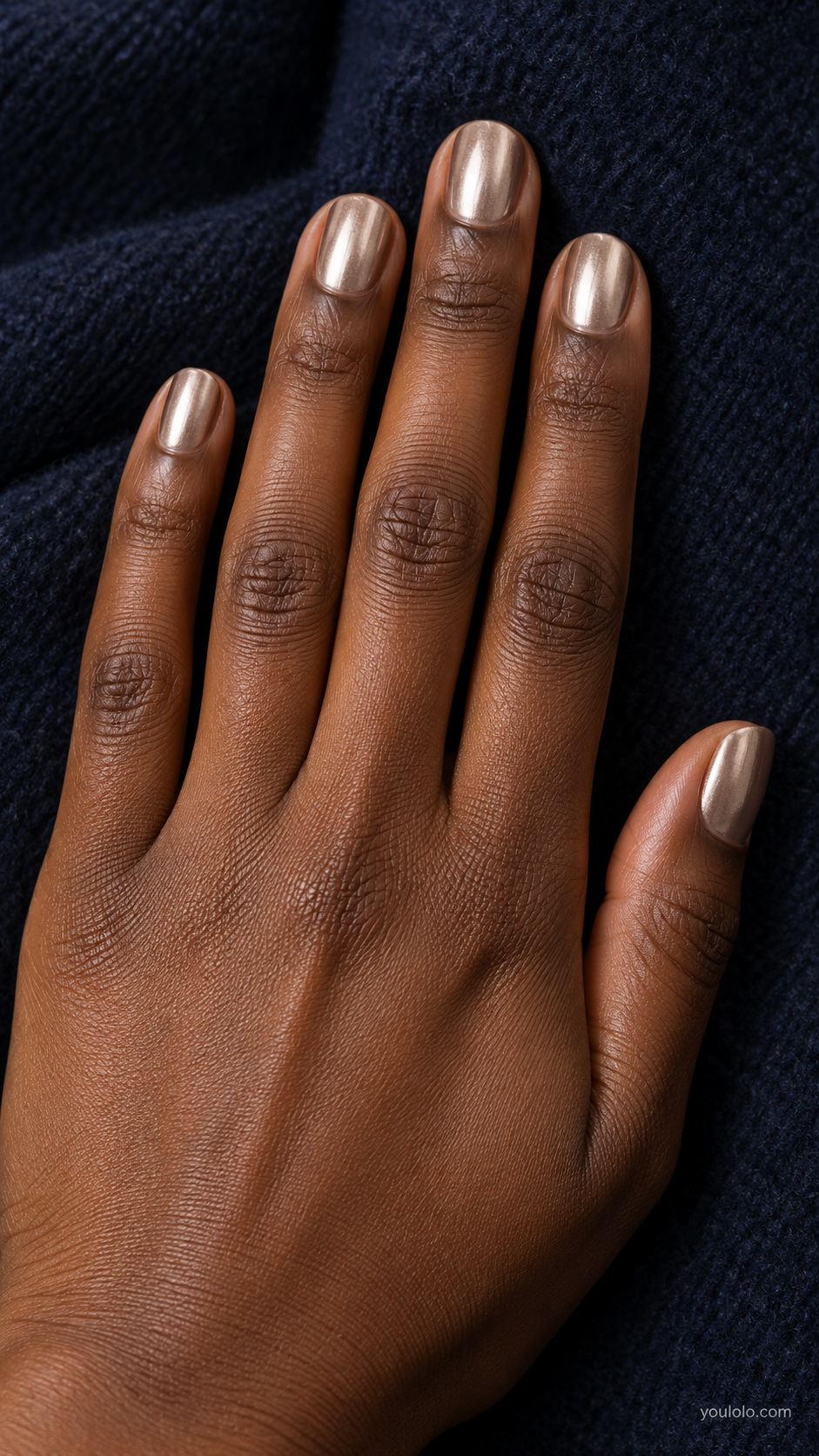 Champagne Chrome fall chrome nails — pale muted champagne gold chrome, refined light metallic sheen not yellow, short round nails