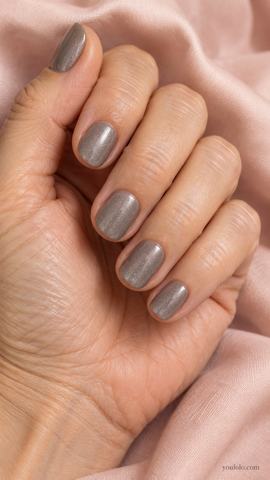 Short oval nails mid light pewter gray subtle fine shimmer no mirror chrome