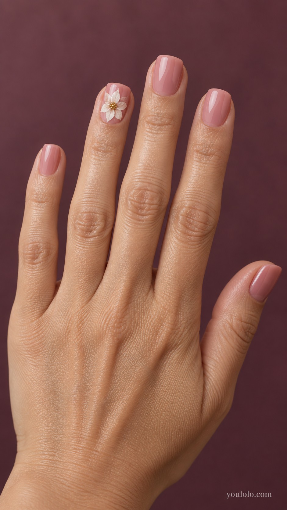 pink Christmas nails — Blush with White Poinsettia