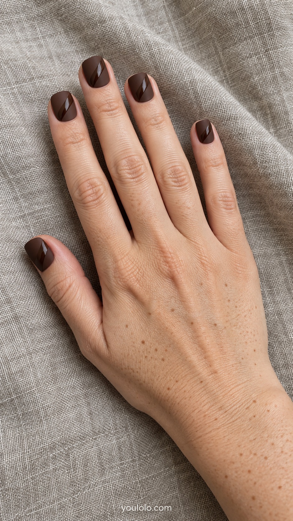 Short square nails matte chocolate brown with broad glossy same brown diagonal bands