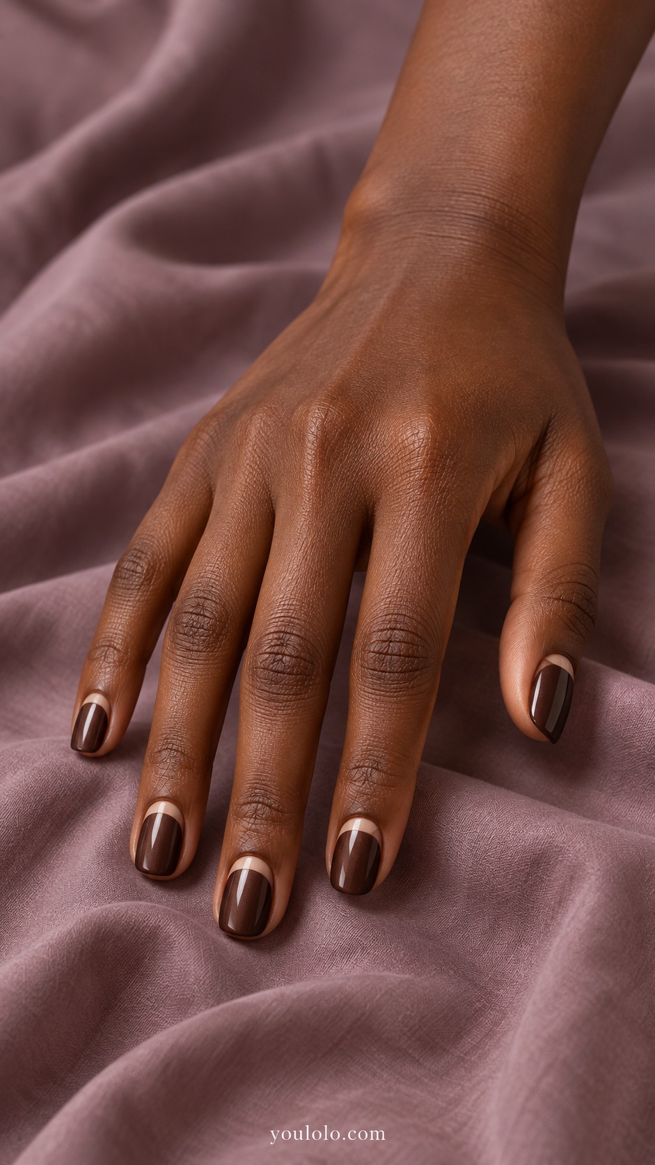 Short squoval dark cocoa pearl nails fine light latte reverse french crescent at cuticle