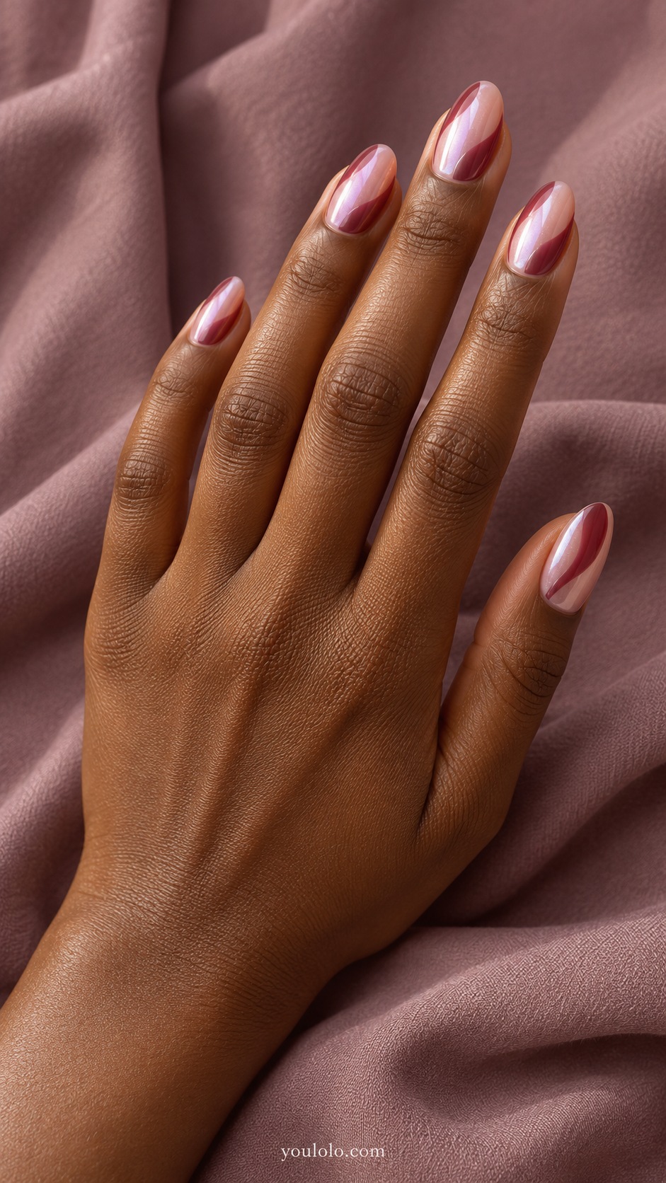 Medium oval sheer blush glazed nails broad cranberry pearl curved panel along one side
