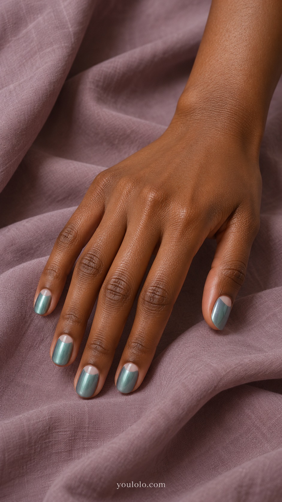 Short round muted blue green pearl nails small clear nude half moons at cuticle