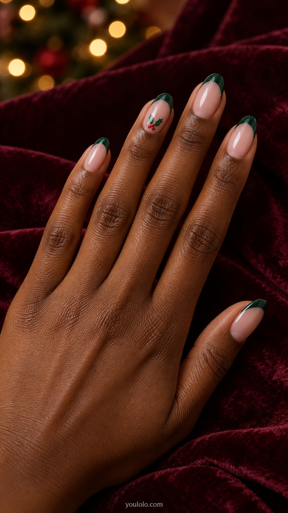 Medium oval sheer pink nails emerald french tips ring nail two small emerald leaves with three red dots
