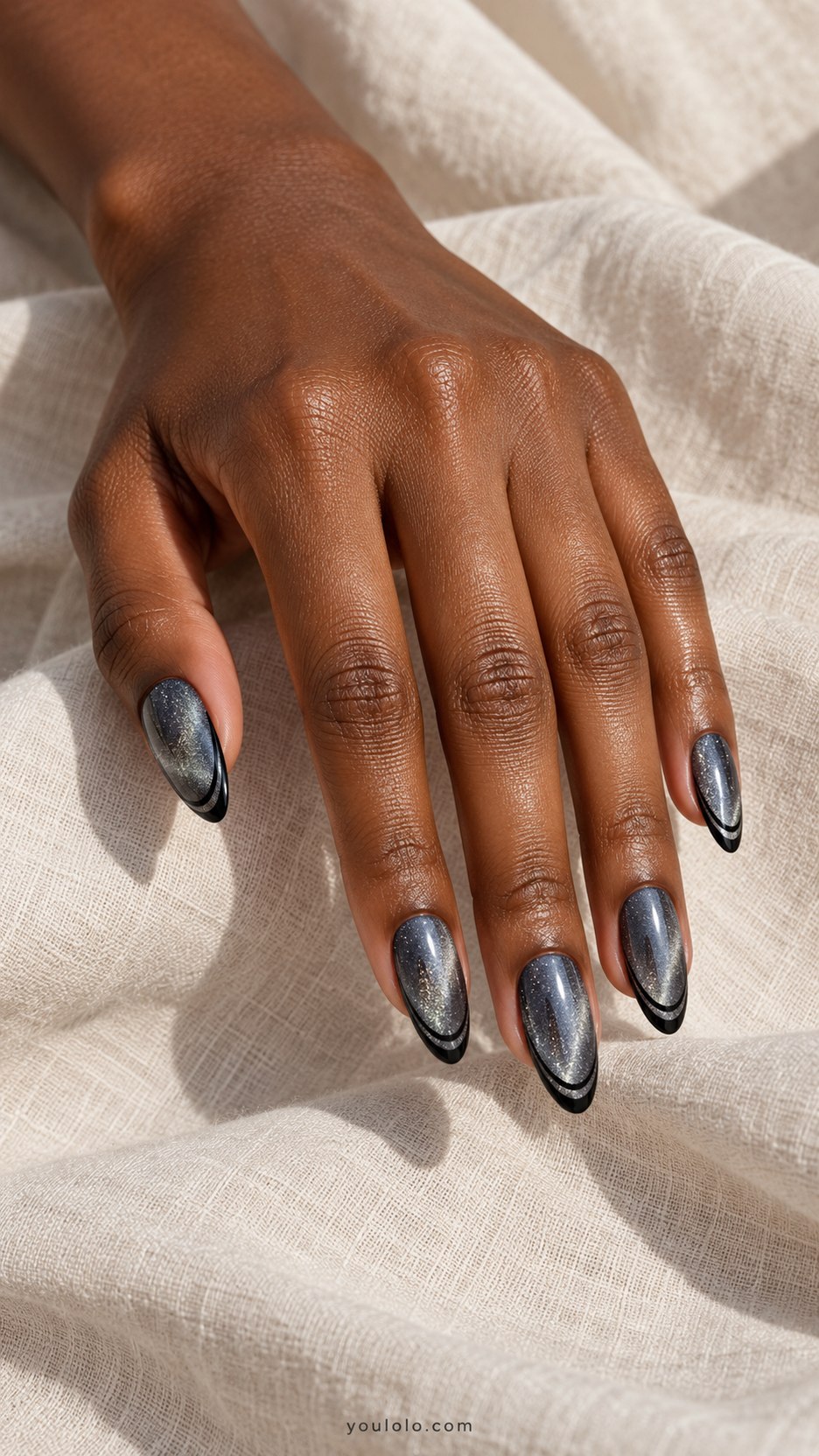 Silver Velvet Double Outline: medium almond charcoal silver magnetic velvet nails, thin black double French outline at tips