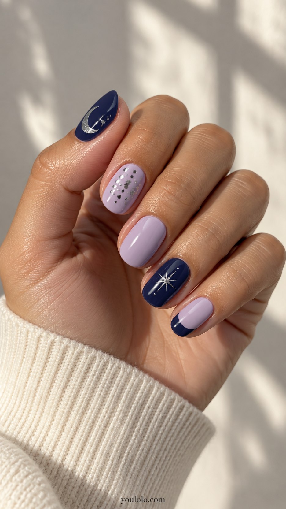 Lilac Celestial Mix: short oval lilac navy silver palette: crescent, silver dot cluster, plain lilac, single star, navy French tip