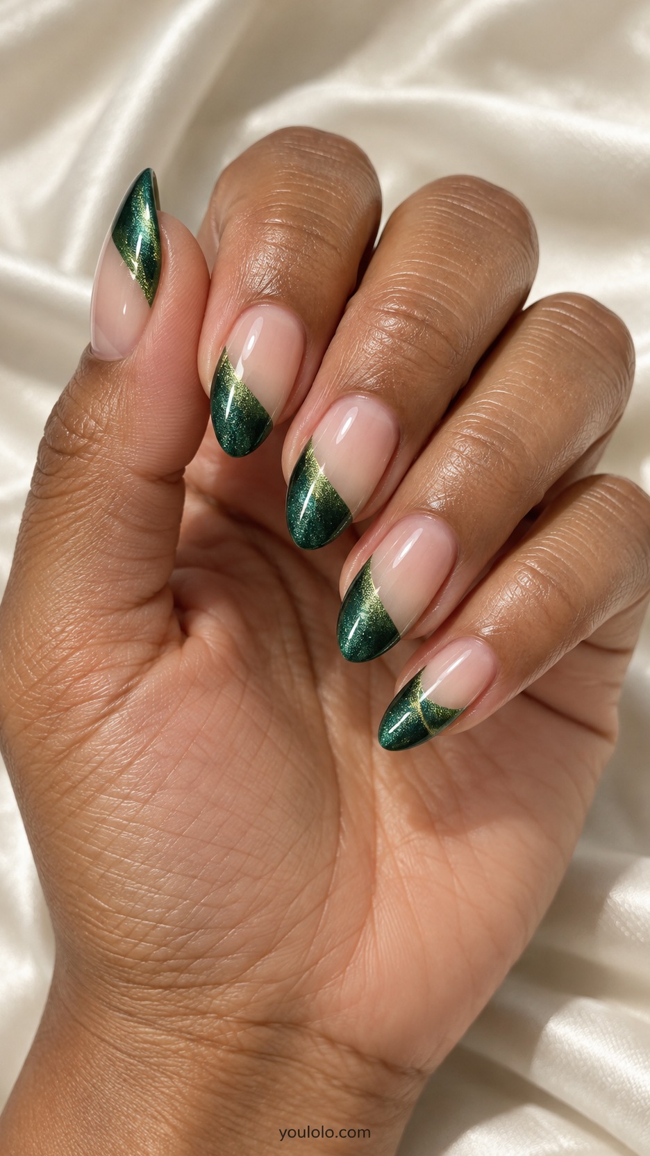 French Cat Eye Nails: medium almond nude beds emerald magnetic diagonal asymmetric side French tips