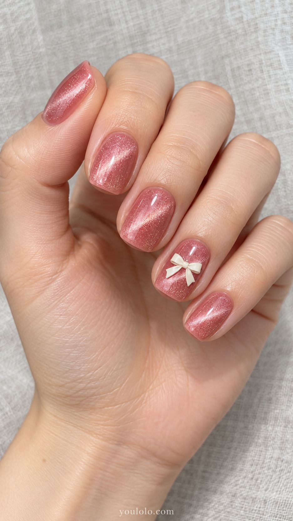 Pink Cat Eye Nails: short squoval strawberry pink magnetic nails one small flat ivory ribbon bow on ring nail