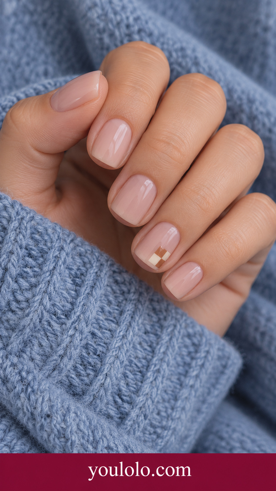 Caramel Checker Corner: short square nude nails ring nail tiny four-square caramel and cream checker confined to one corner on a naturally posed adult hand