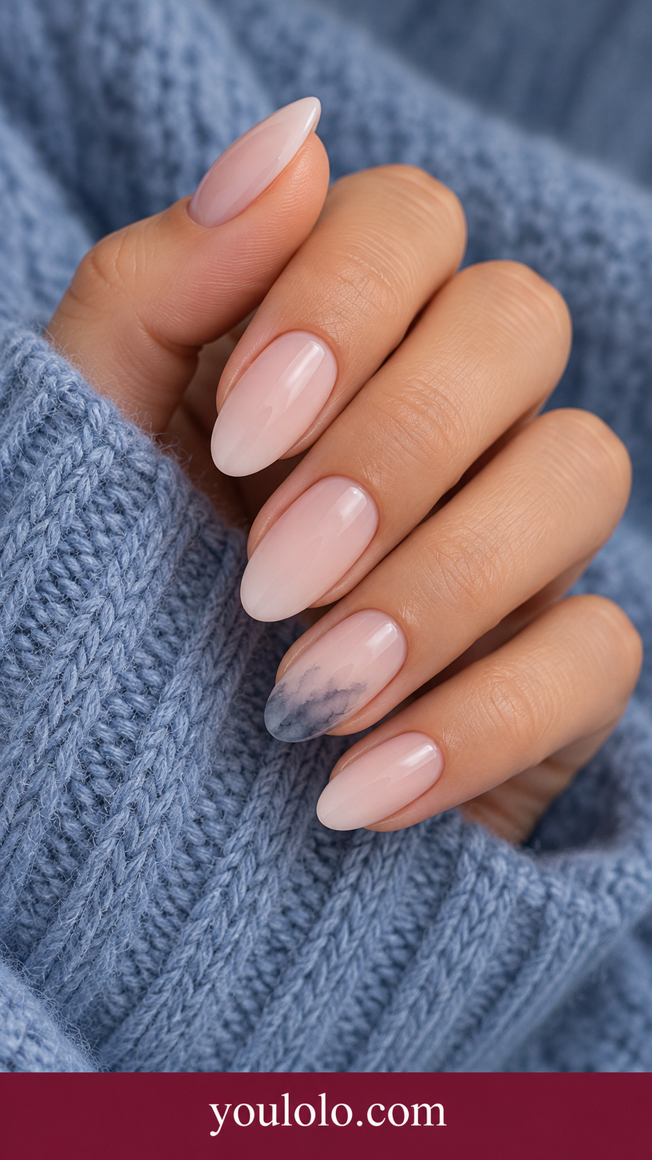 Black Blush Diffusion: medium oval pale blush nails one accent very small soft charcoal blooming cloud near tip fading toward center on a naturally posed adult hand