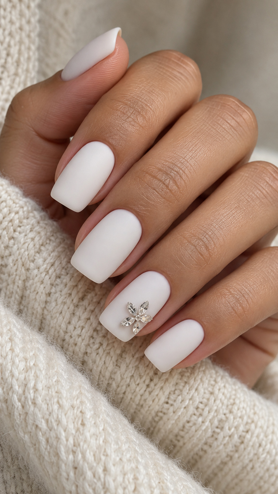 Matte White with a Crystal Flower: Matte white square nails with a flower made from clear rhinestones on a naturally posed adult hand