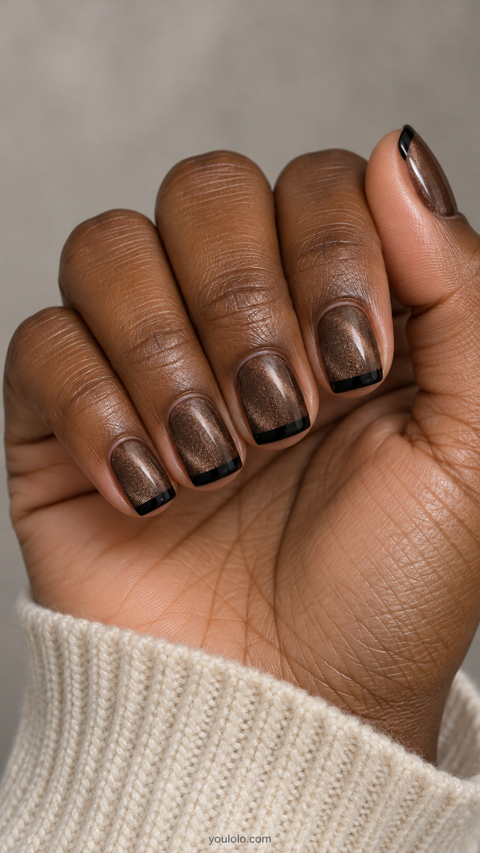 Short square nails: soft brown magnetic velvet nails with narrow opaque black straight French tips, crisp flat paint.