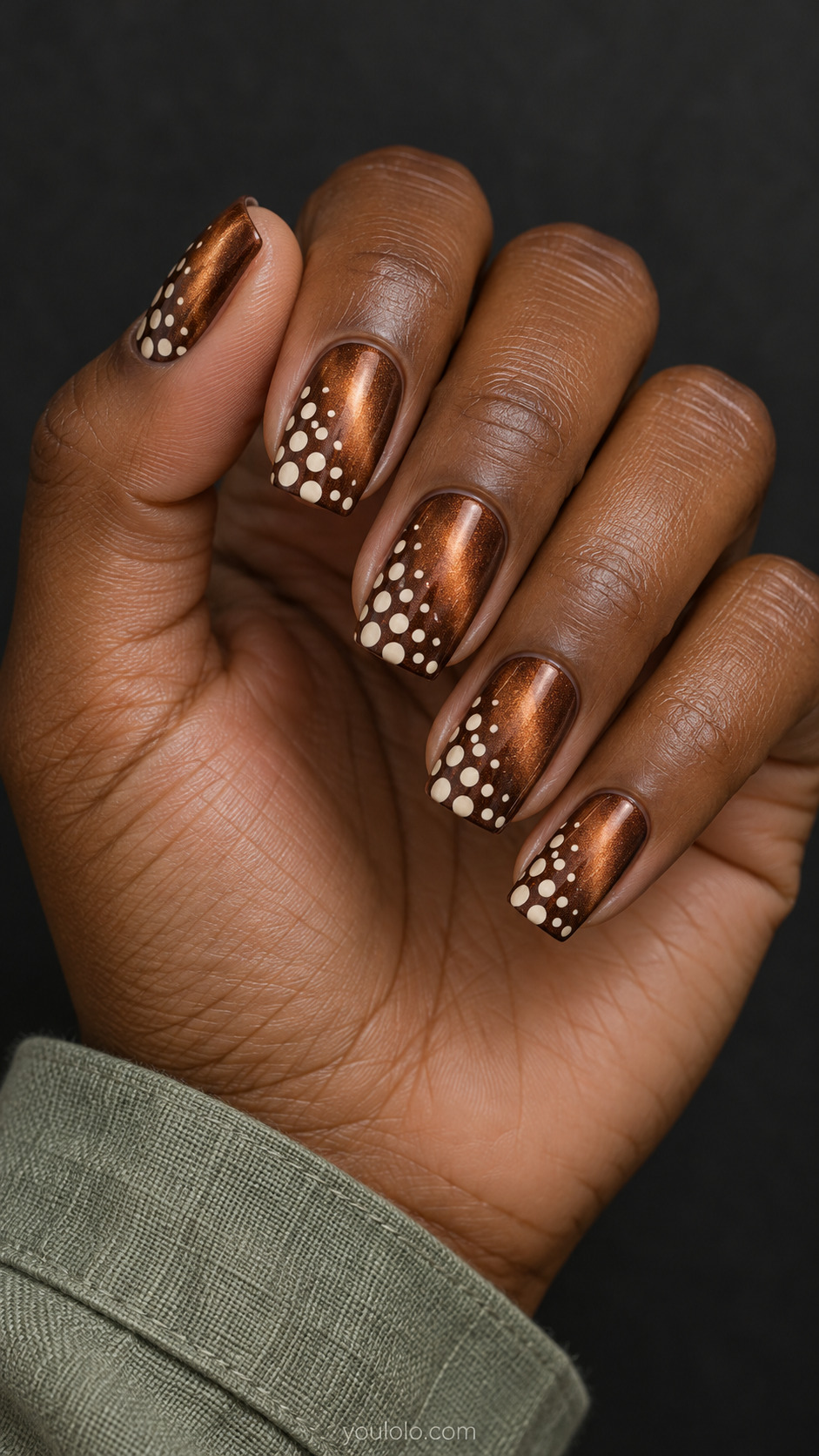 Diagonal Half-Dot Nails manicure on medium soft square.