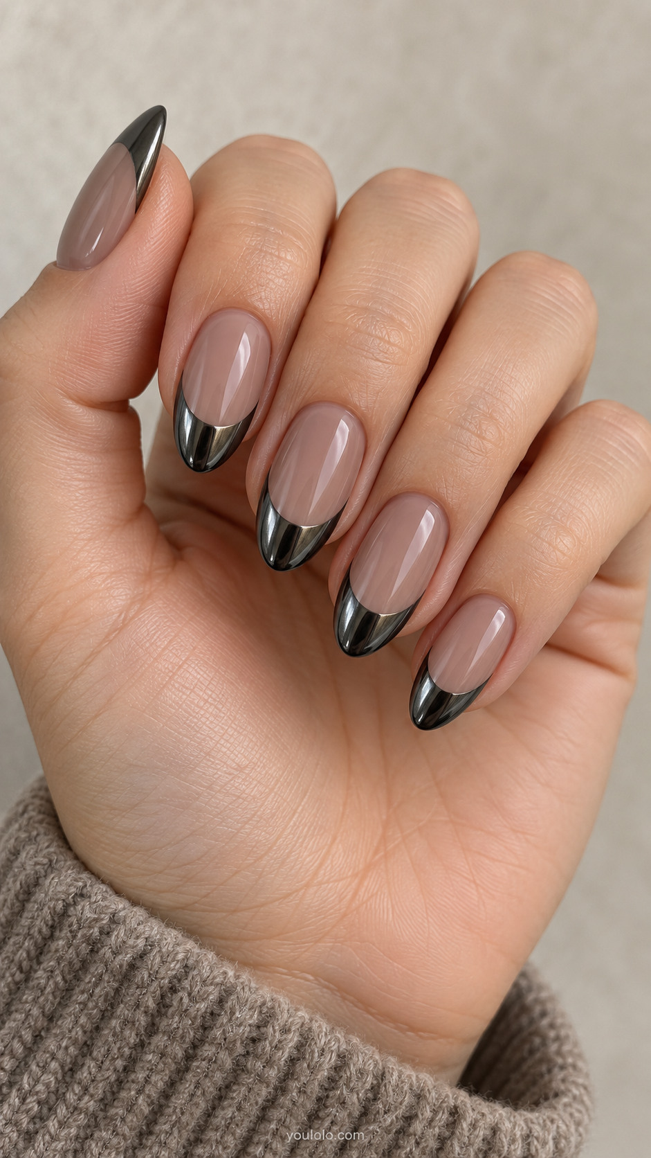 Medium almond sheer taupe nude beds, broad deep dark gunmetal mirror French tips, no white or silver, clean slender curved smile lines