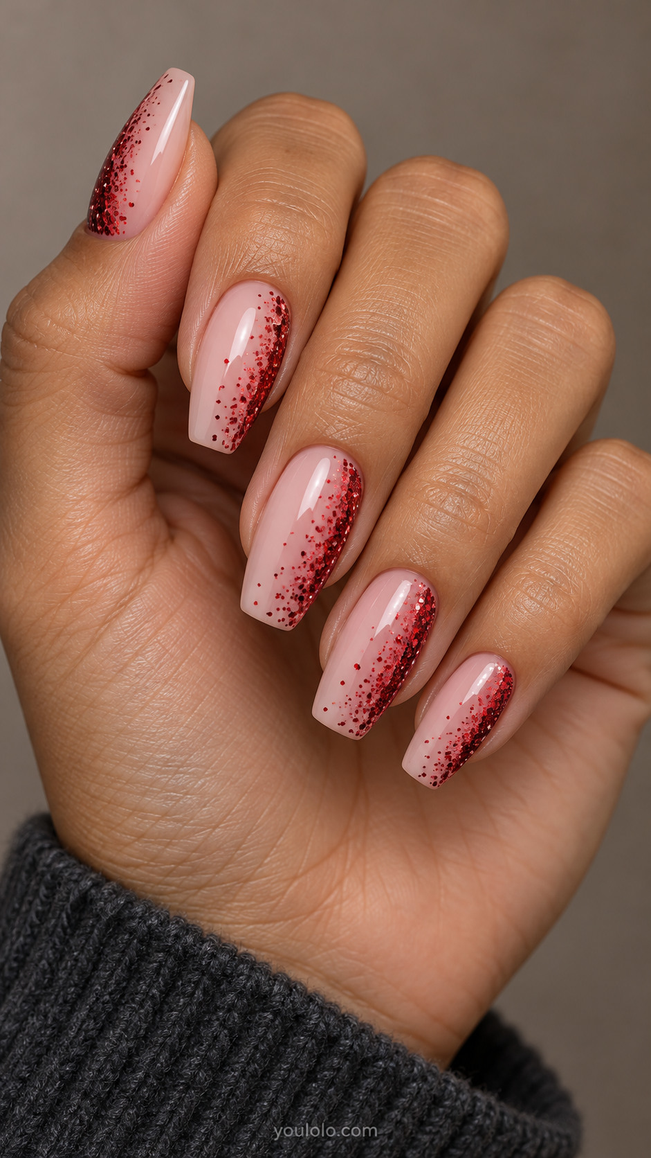 Milky pink ballerina nails with sideways red glitter fades