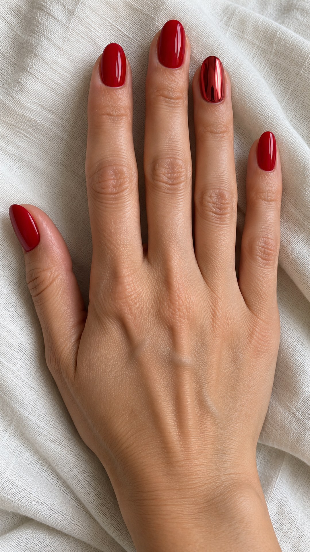 red chrome nails — Single Chrome Accent with Red Creme