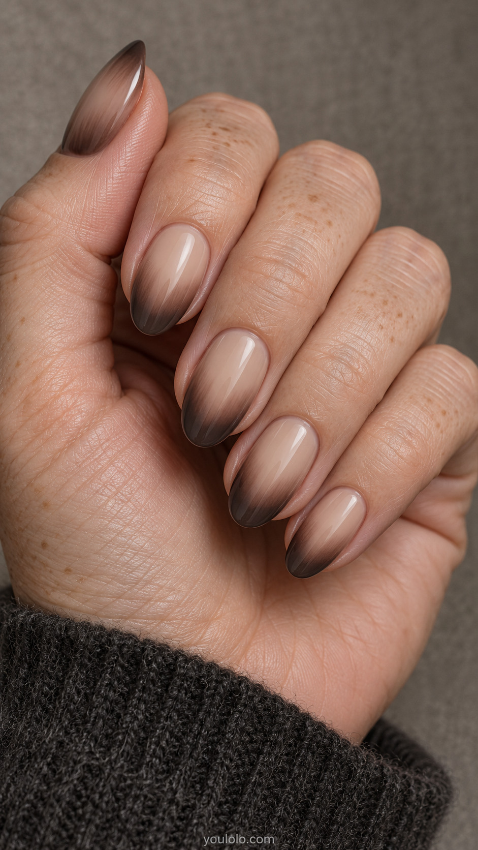 Latte almond nails with softly shaded coffee tips