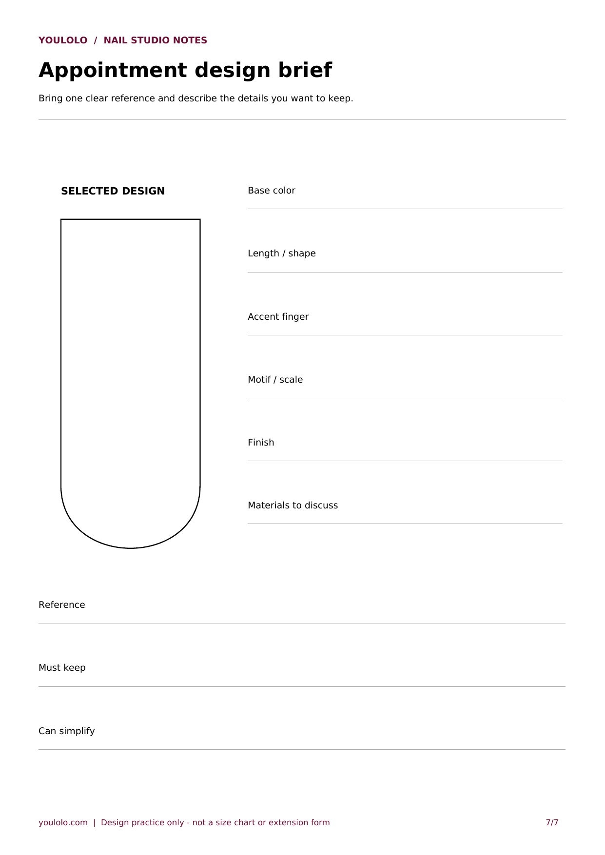 Printable long square nail template: appointment design brief with blank outlines and planning fields