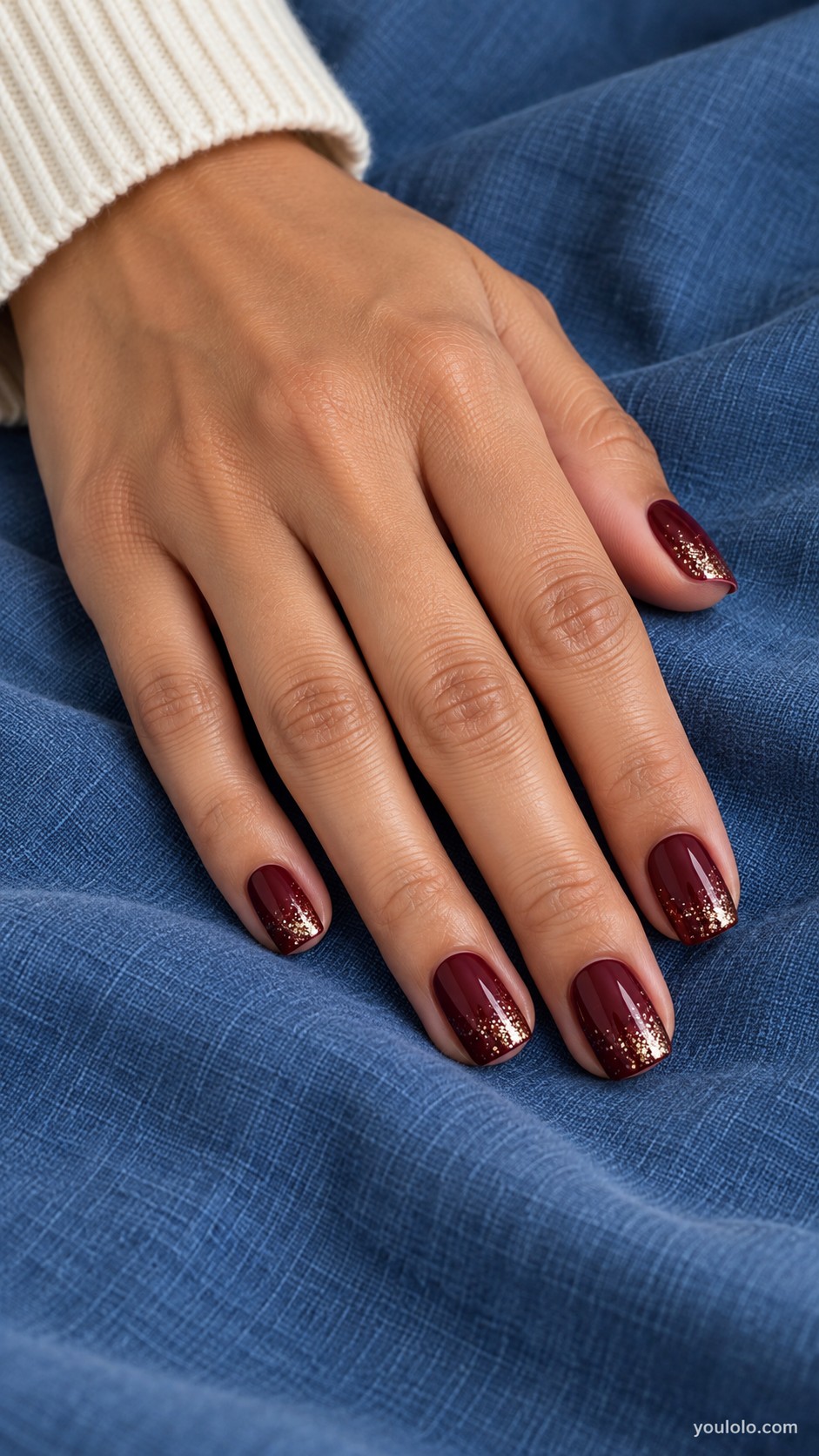 New Year nails — Burgundy with a Gold Corner Fade