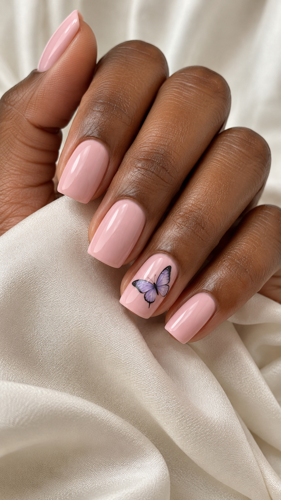 Pink with a Butterfly Accent: Pale pink square nails with one lilac butterfly on the ring finger on a naturally posed adult hand