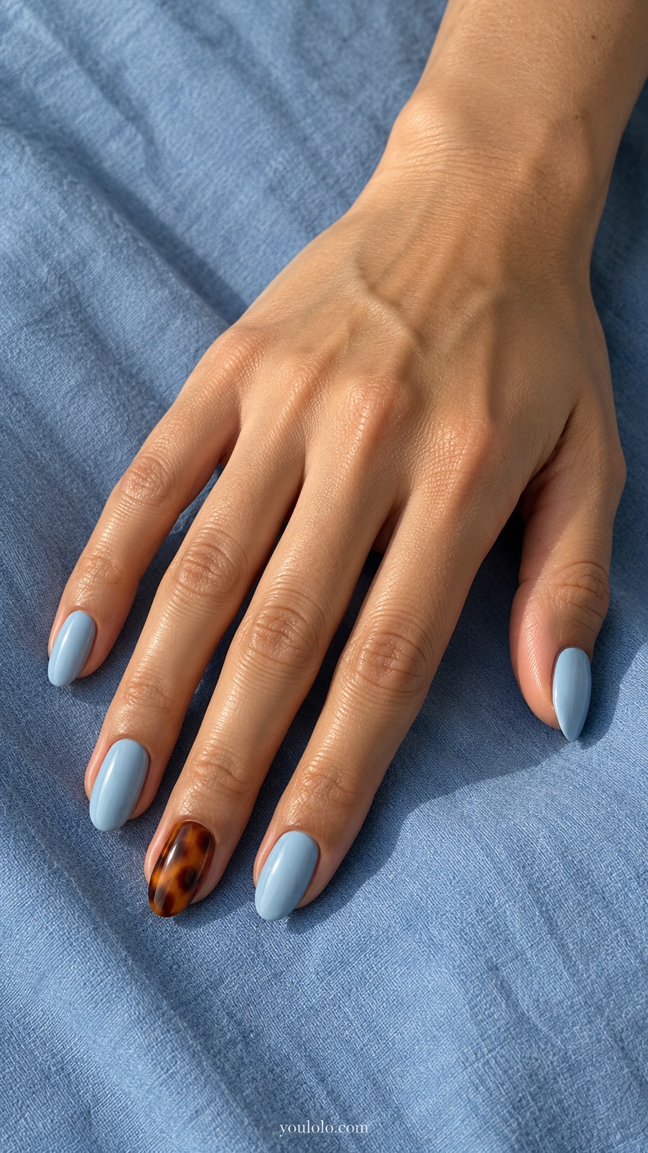Blue Tortoise Accent — medium almond four powder blue cream nails one ring nail translucent amber brown tortoise shell