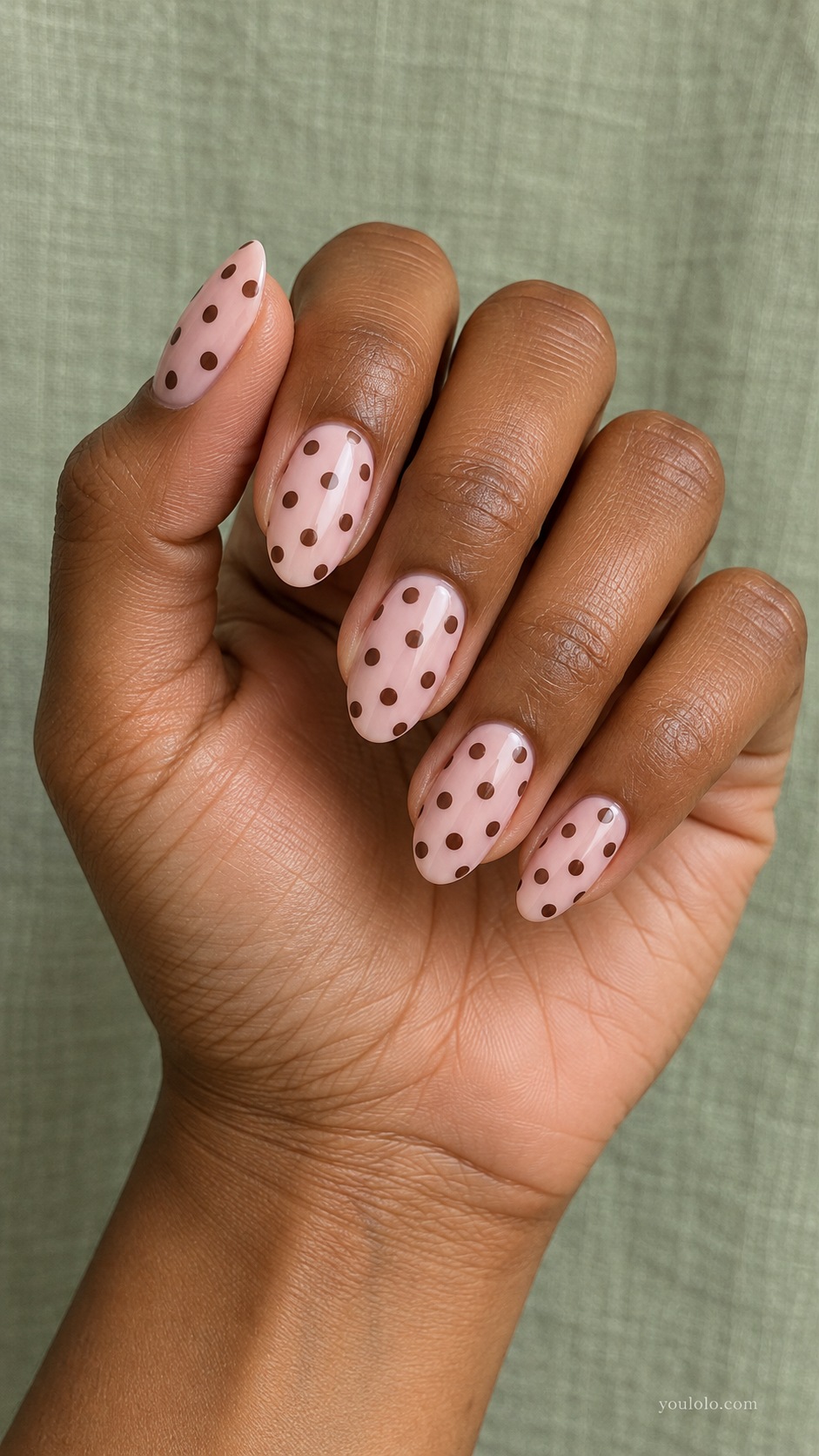 Blush and Brown Dots — medium oval pale blush pink nails medium chocolate brown polka dots