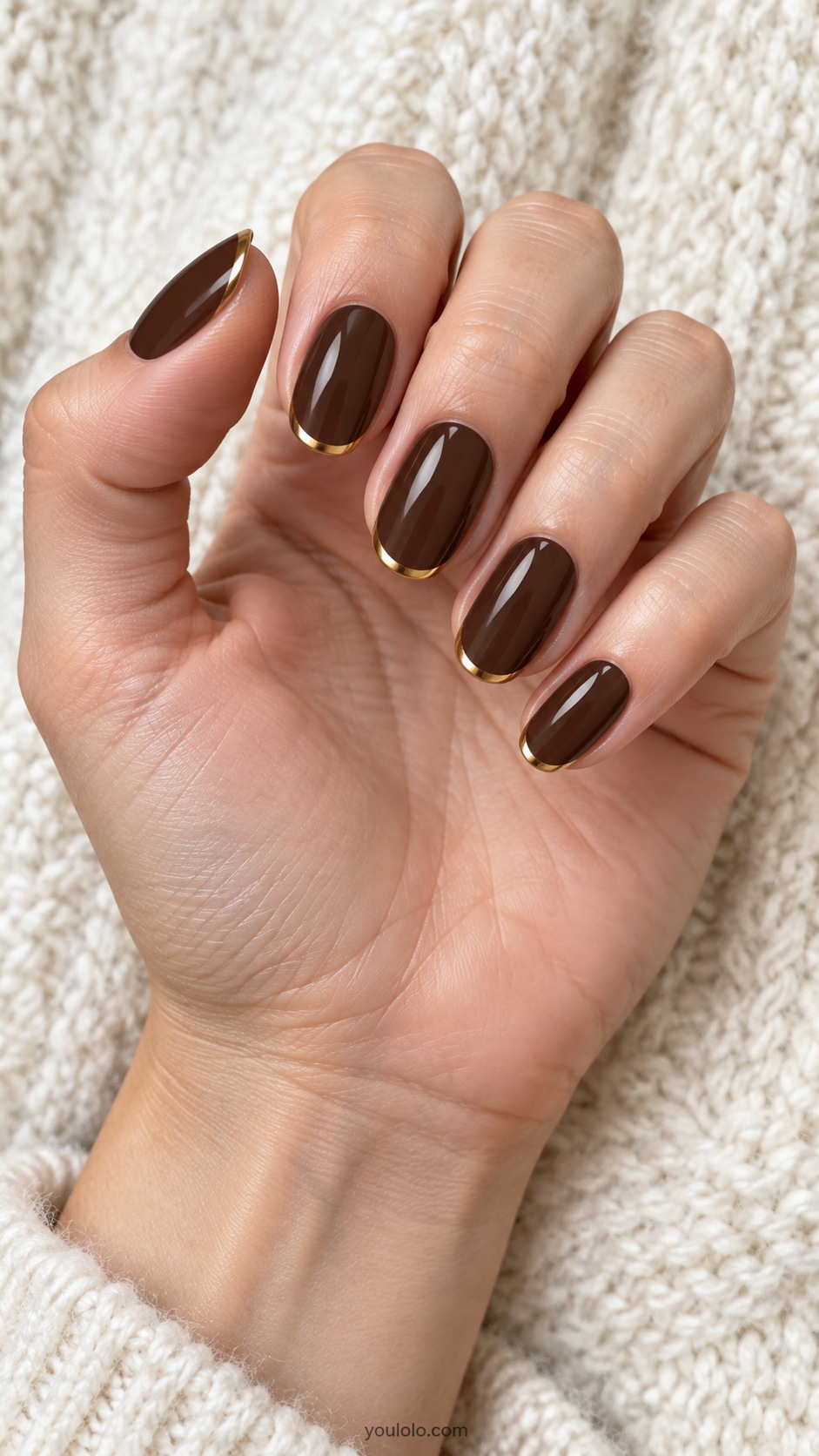 Chocolate Gold Hairline — medium oval dark chocolate cream nails very thin gold French edge