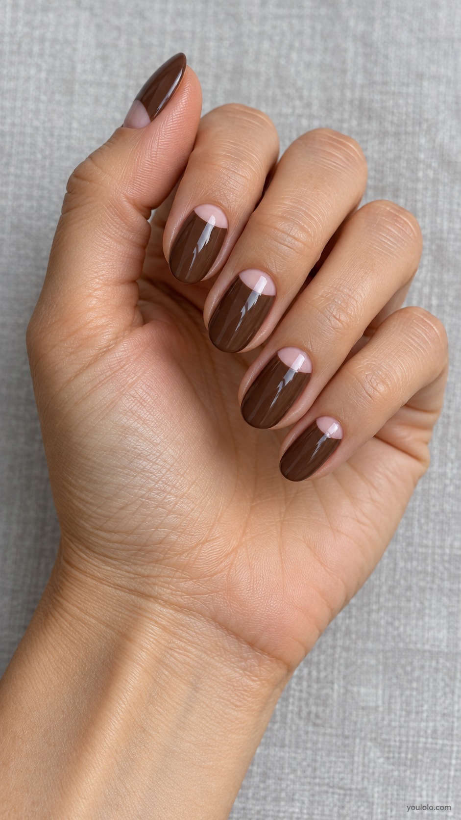 Pink Half Moon Cocoa — medium oval cocoa nails pale pink half moons at base