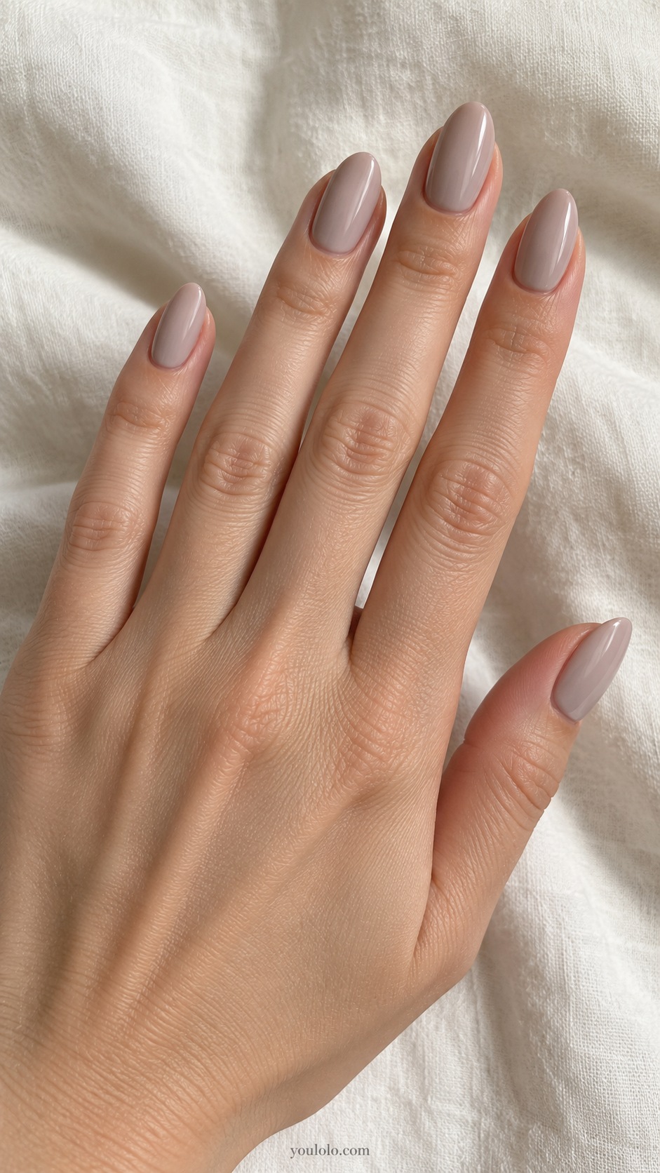 Medium almond nails muted blush gray stone cream satin finish