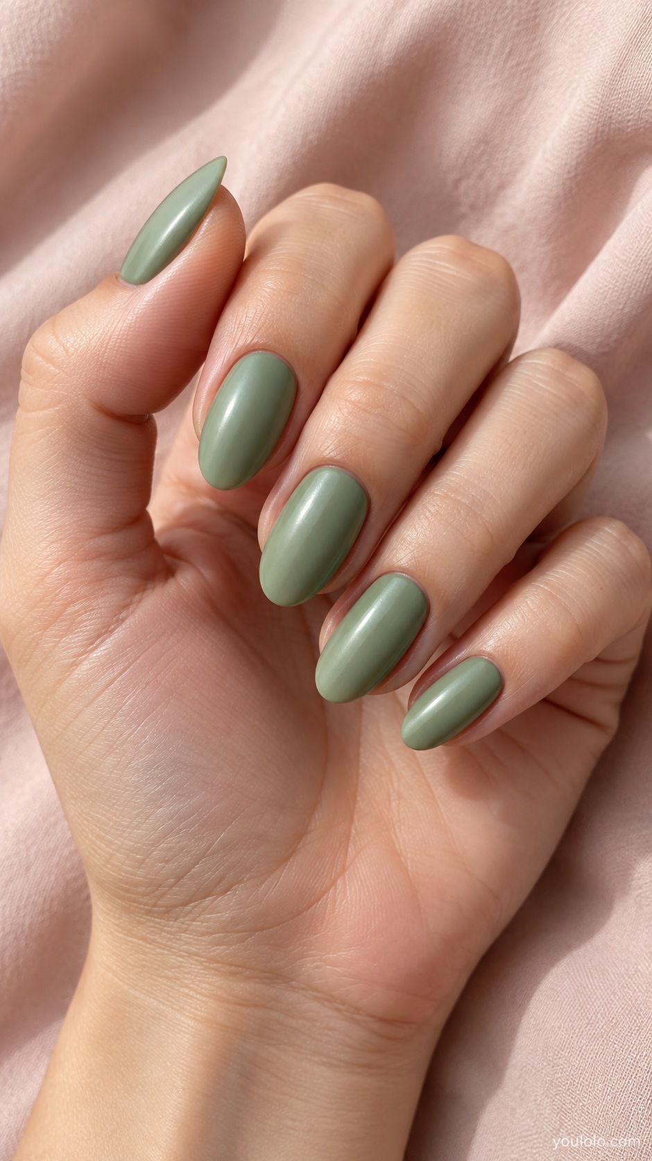 Medium almond nails muted light moss green satin finish