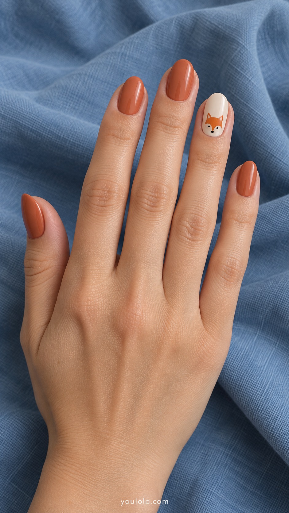 Short almond nails muted terracotta four nails ring cream with tiny simple flat orange fox face
