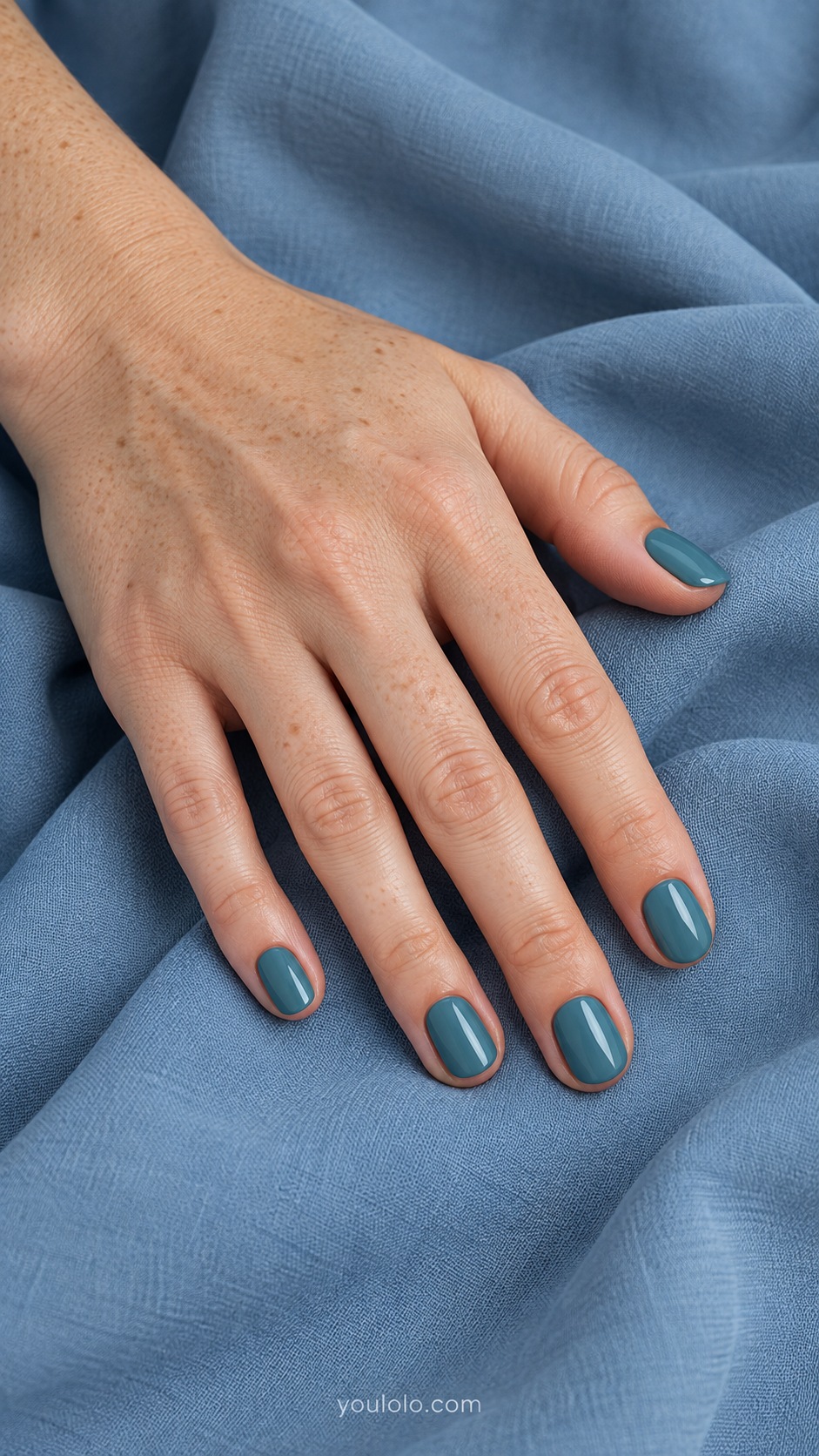 Short oval nails solid muted medium teal cream gloss no art