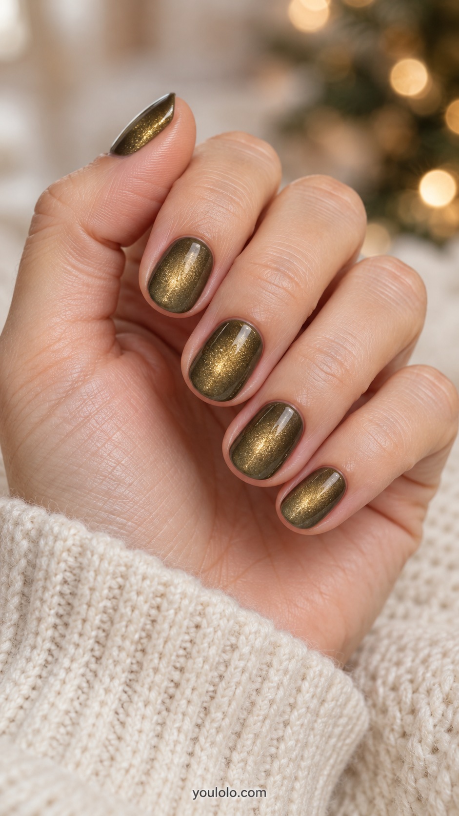 Short round olive gold magnetic nails fine soft gold shimmering center