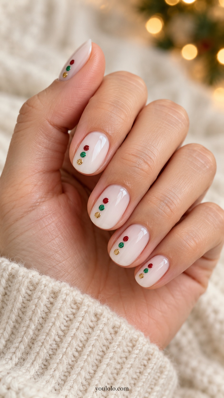 Short oval milky white nails three separated red green gold dots along one side of each nail