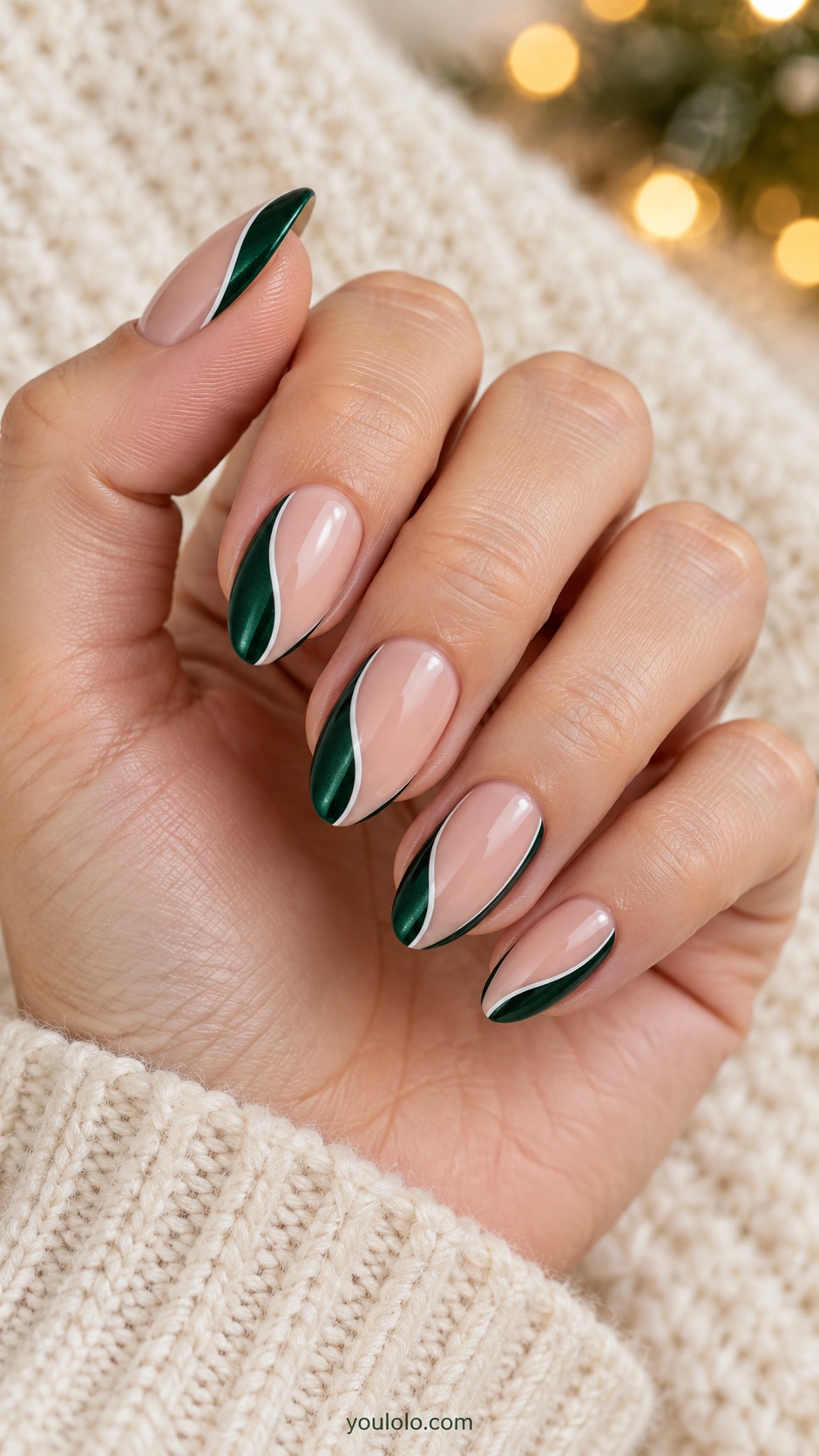 Medium almond nude nails broad emerald curved side panels with fine white inner border