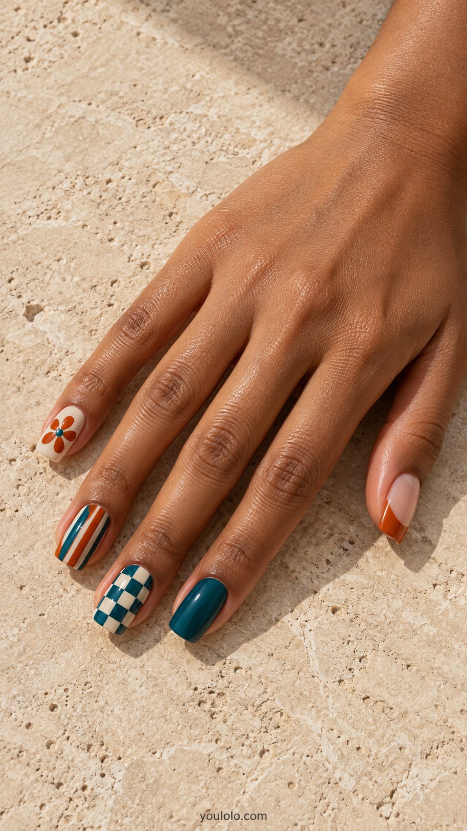 Retro Orange-and-Teal: medium square nails, burnt orange teal cream: flower, stripe, checker, solid teal, orange French