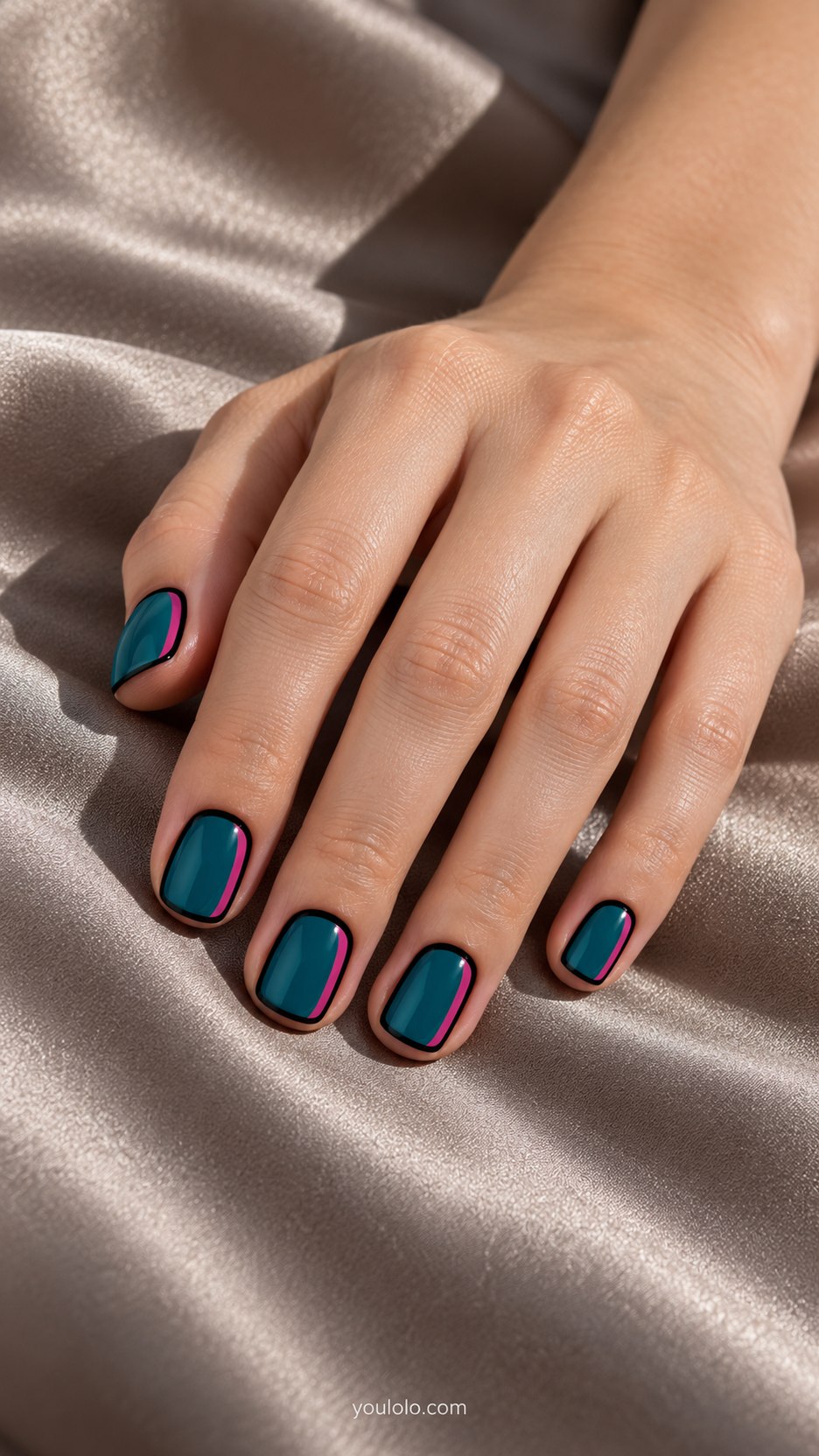 Teal Offset Shadows: short squoval teal nails, black outline with magenta offset painted shadow along one side