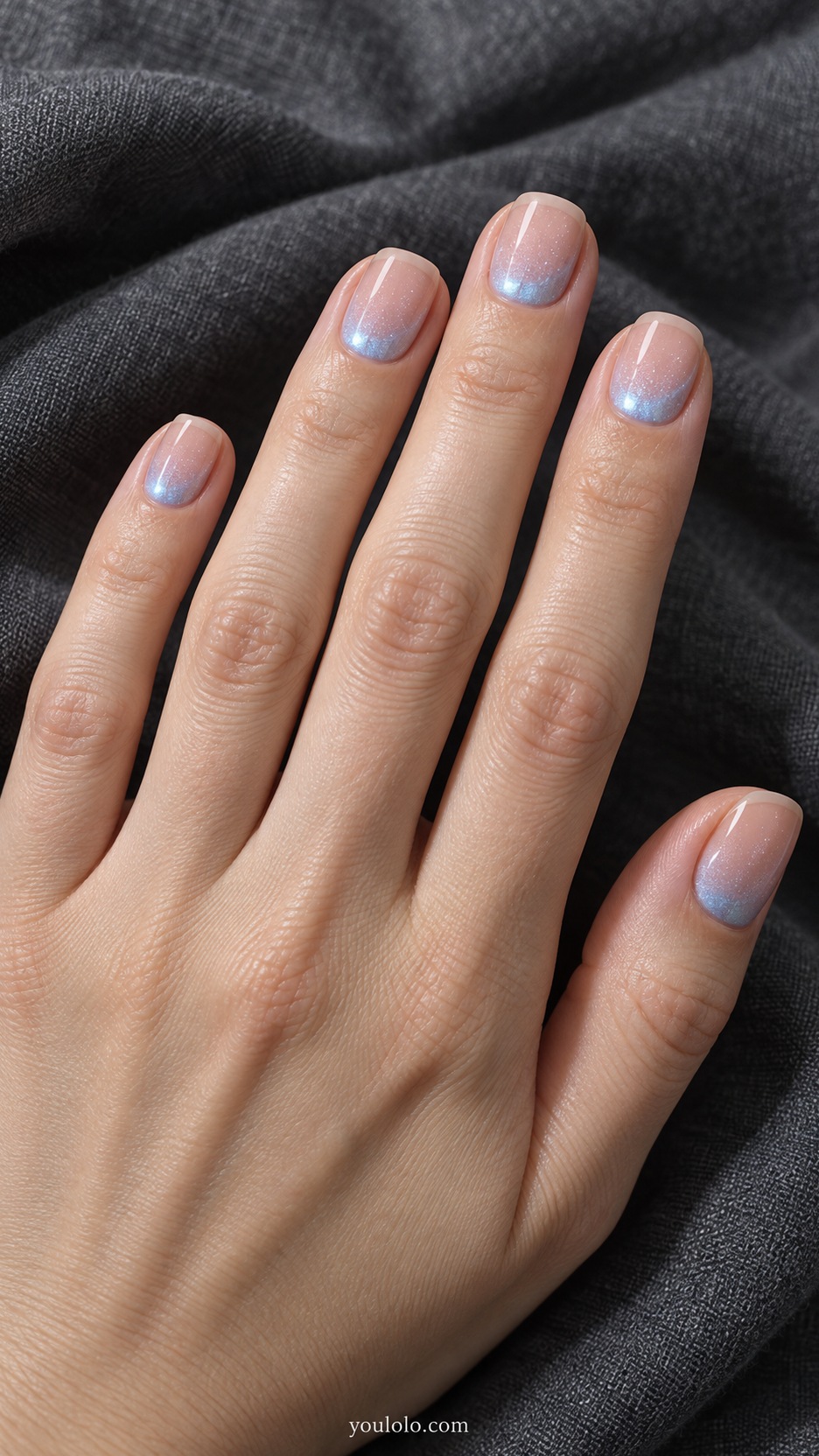 French Cat Eye Nails: short squoval sheer pink nails pale blue magnetic shallow half moons at base, clean nude free edges