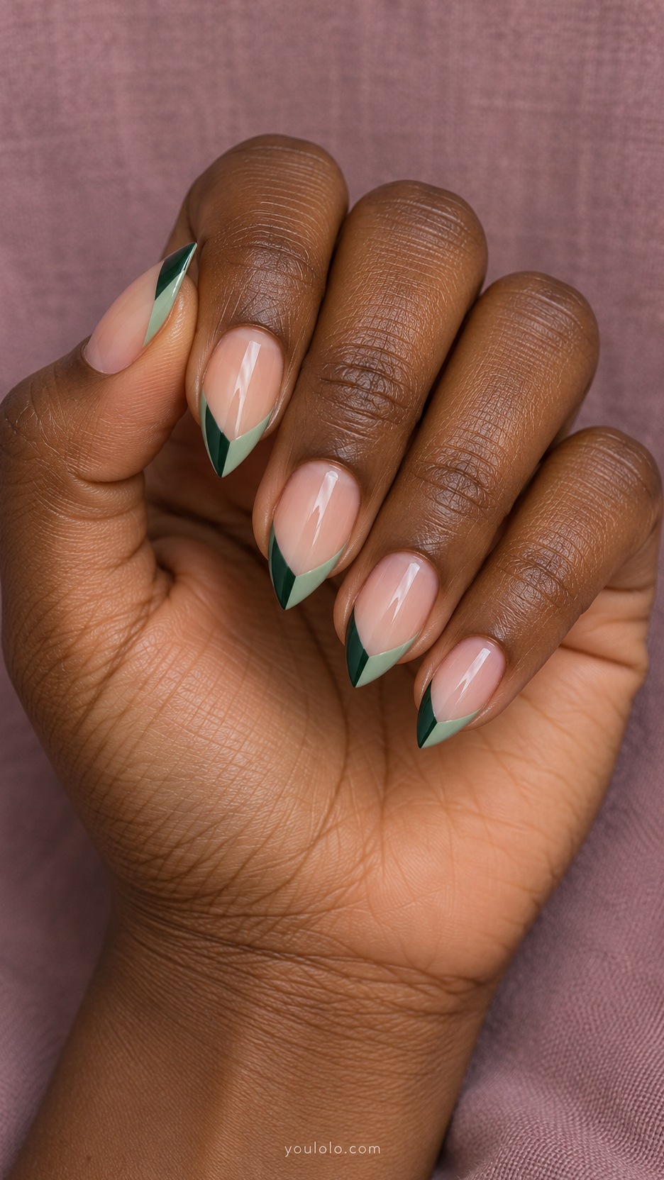 Short Stiletto French Nails: Forest Green Split Tips manicure on a naturally posed hand