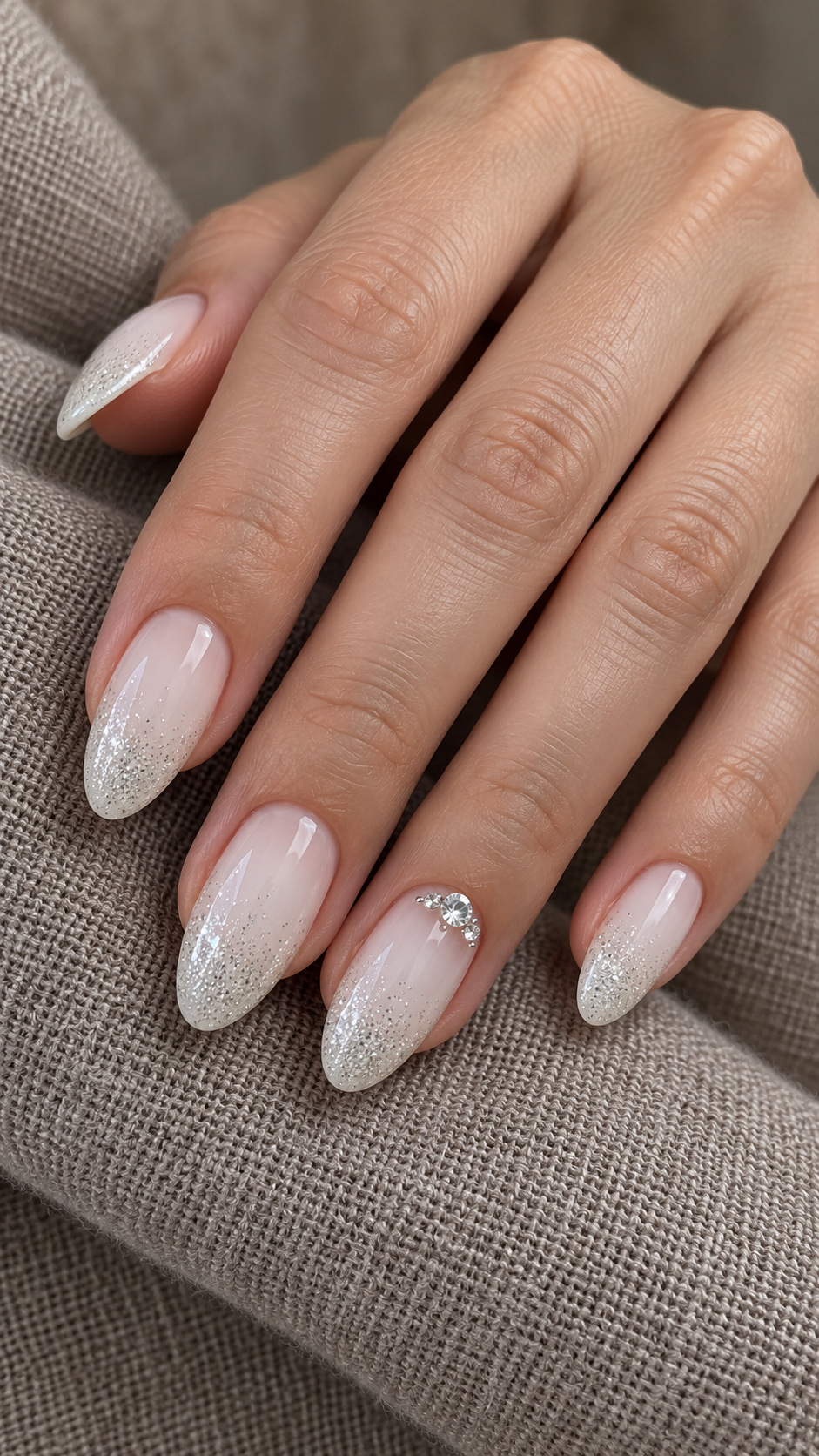 White Glitter Fade with a Crystal Accent: Pale white almond nails with silver glitter tips and one crystal cluster on a naturally posed adult hand