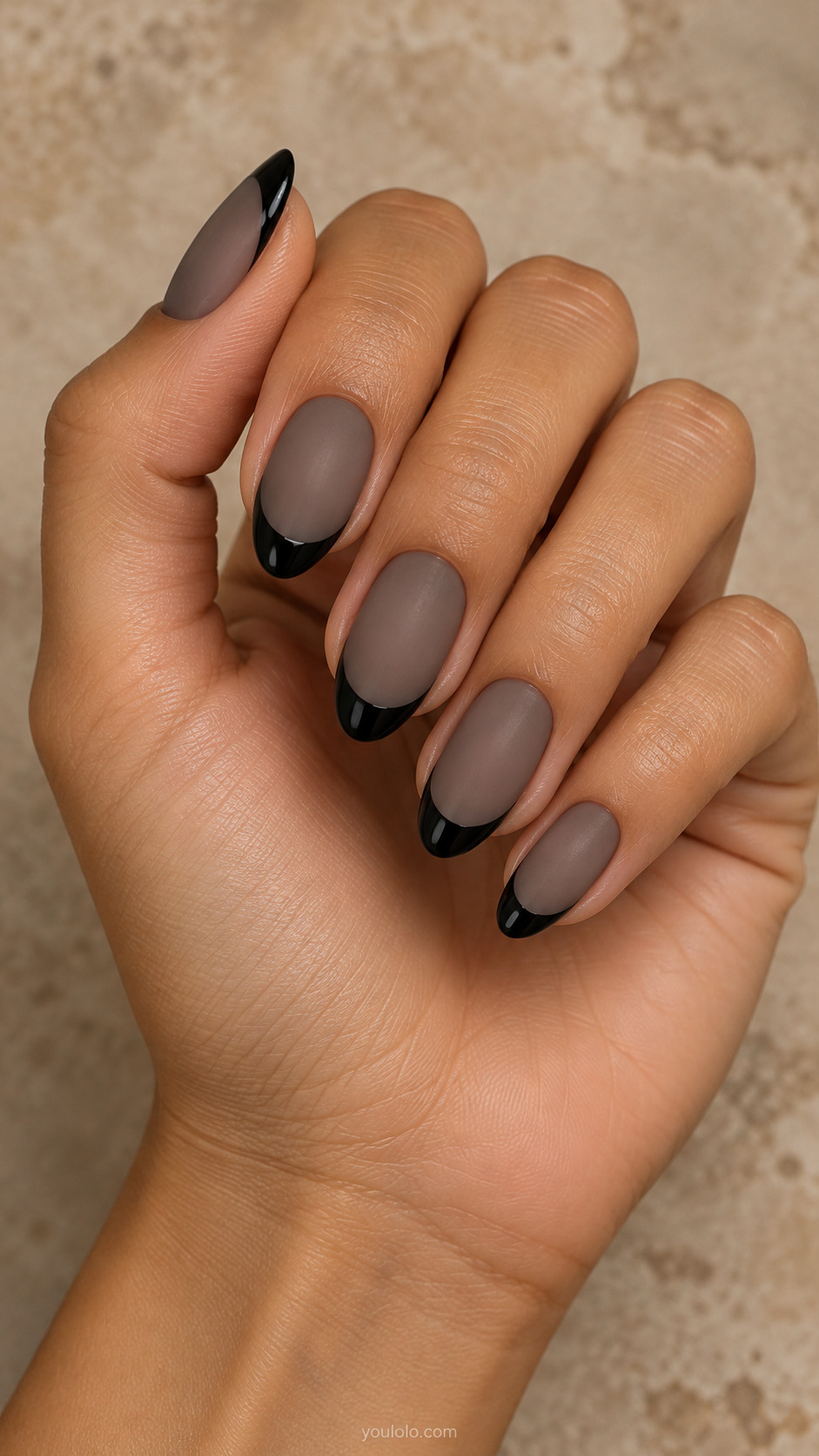 Matte Smoke with Patent Tips on oval nails with a smoky matte base