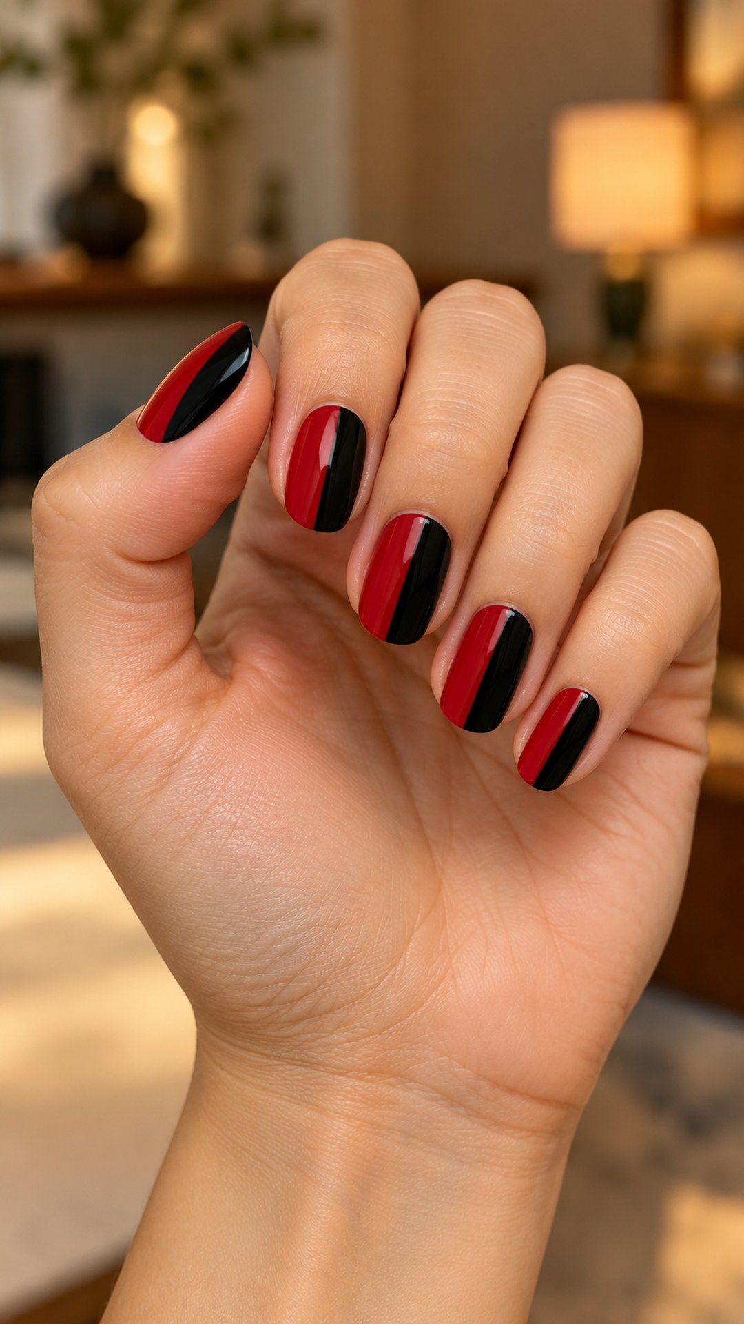 black and red nails — Vertical Half Red Half Black