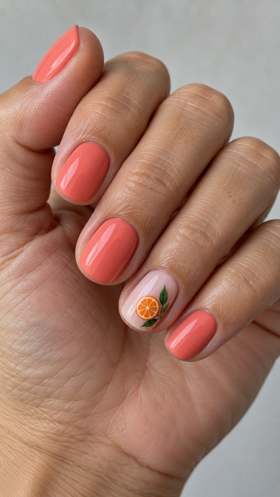 Coral Pink with an Orange Slice: Short coral pink nails with a small orange-slice motif on a pale accent nail on a naturally posed adult hand