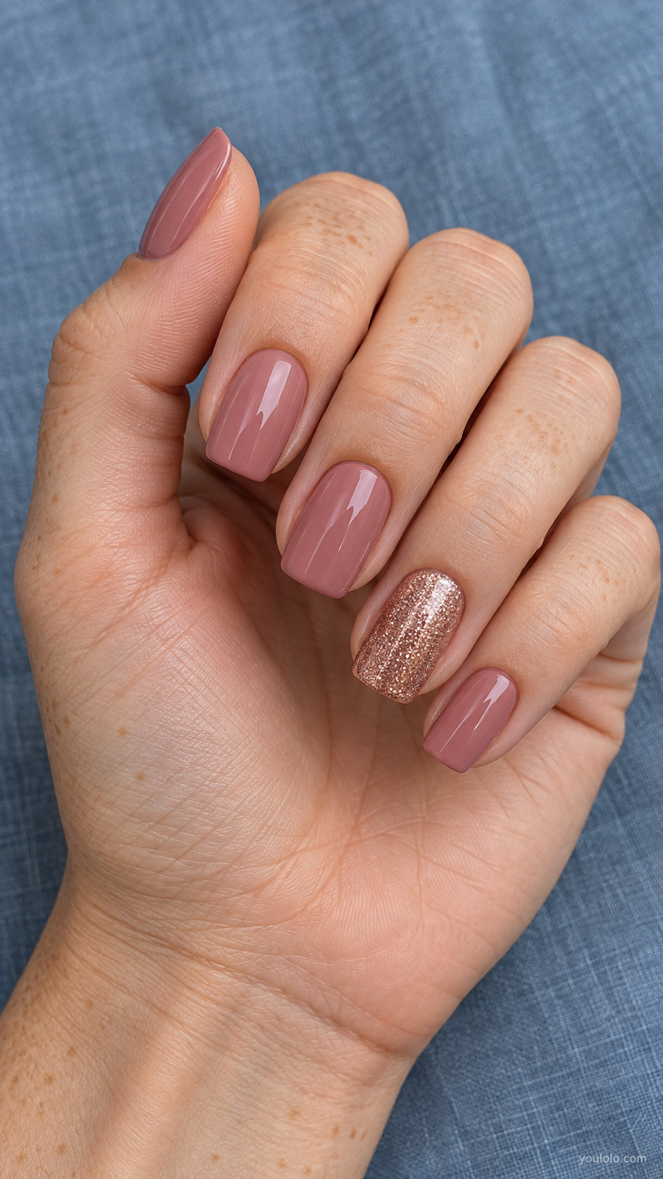 Dusty rose squoval nails with a rose gold glitter accent