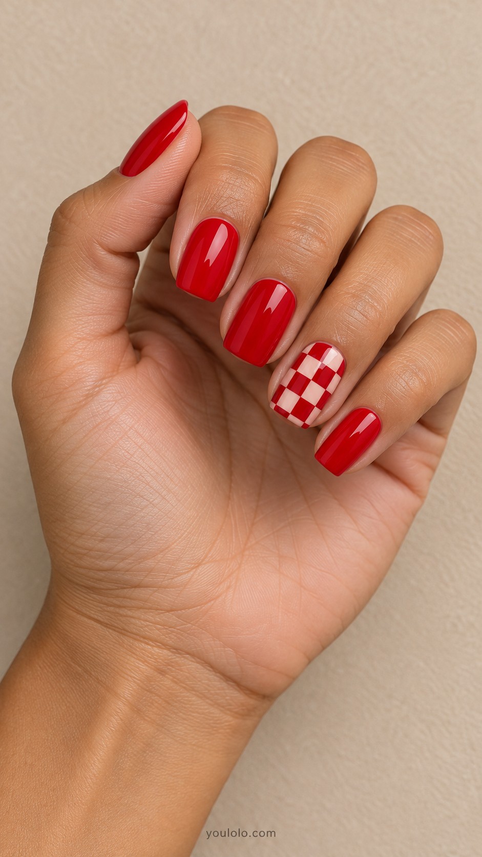 Cherry Red Nails — Cherry Red Checker Accent
