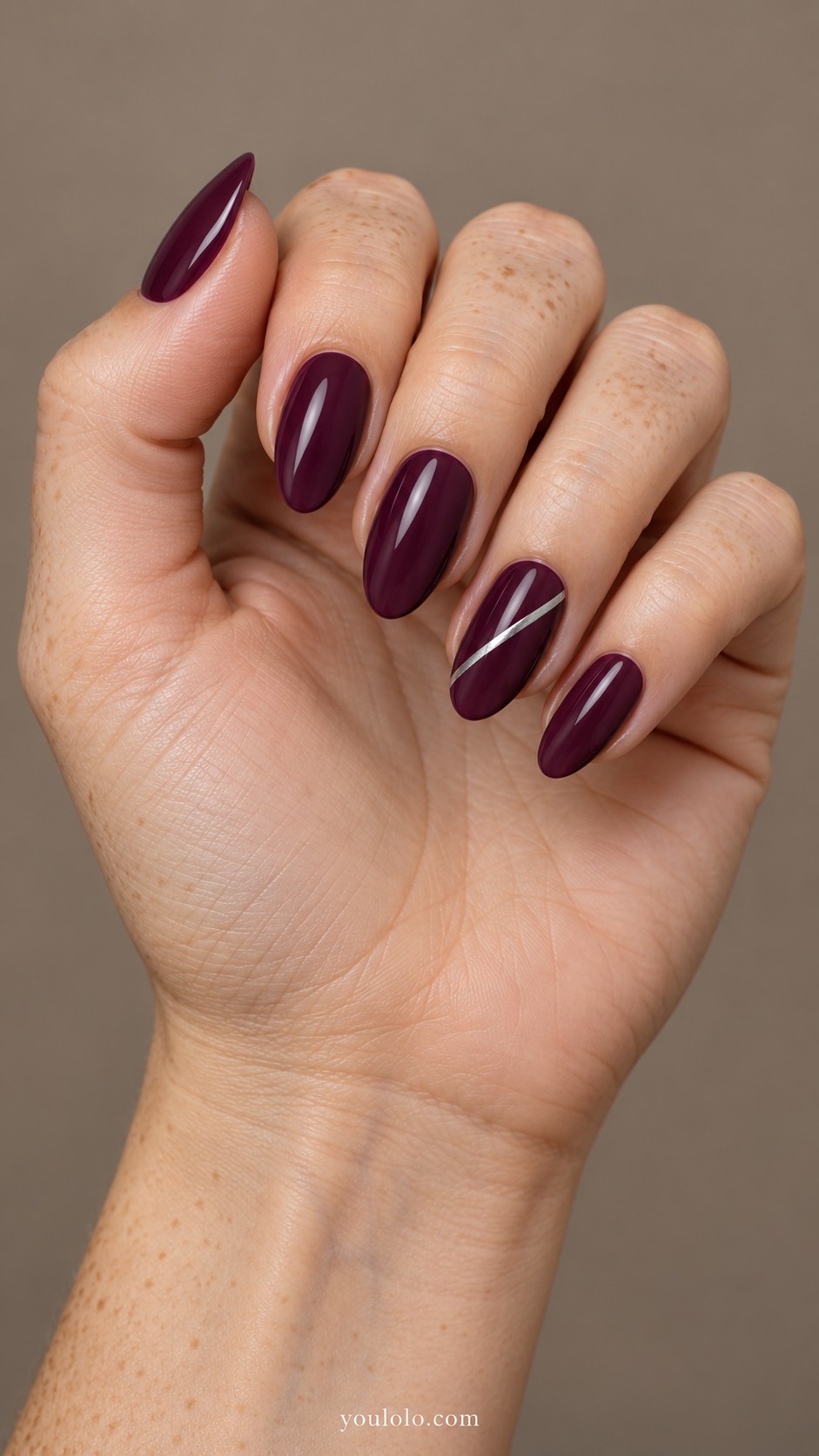 Dark Nails — Plum with a Silver Diagonal Slash