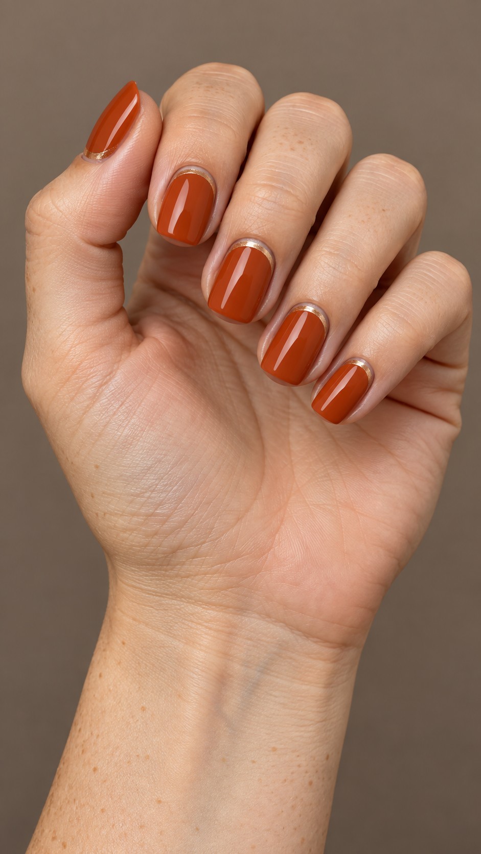 October Nails — Burnt Orange with Bronze Cuticle Lines